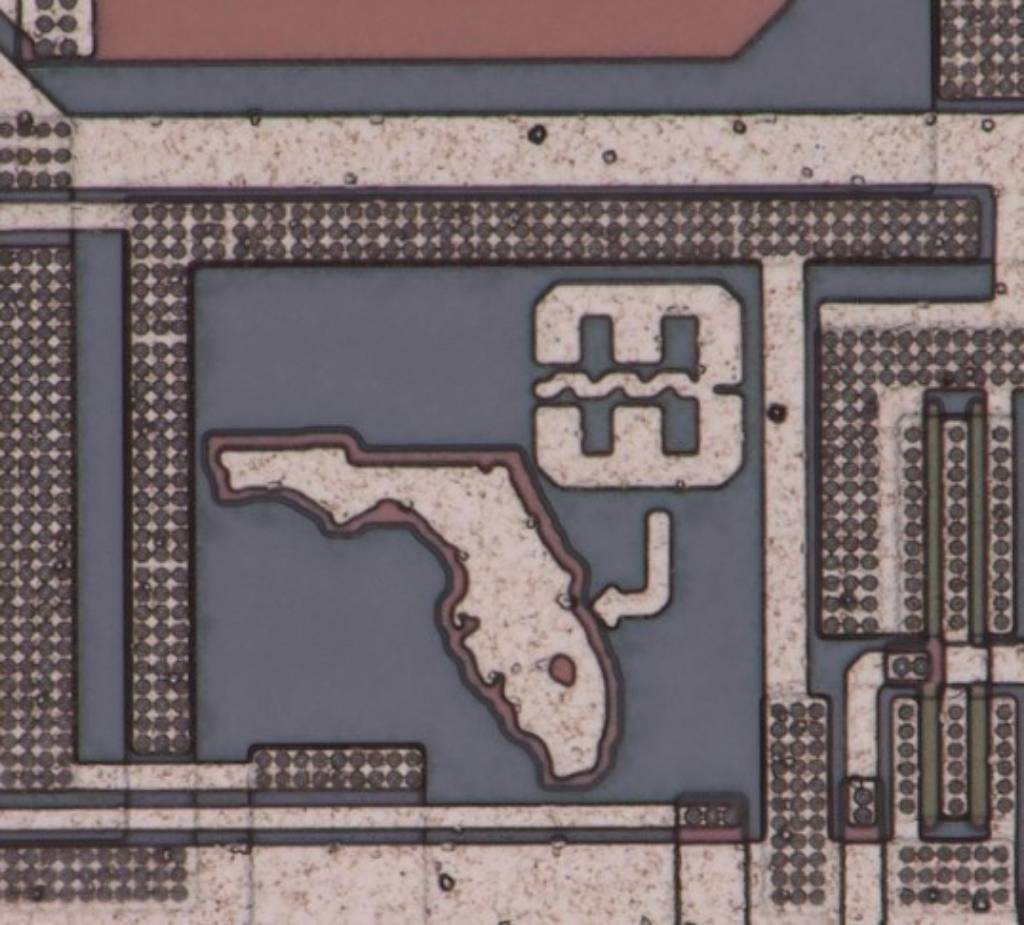 dye inspection showing an image of Florida at 1500x under the lid of a semiconductor during counterfeit mitigation